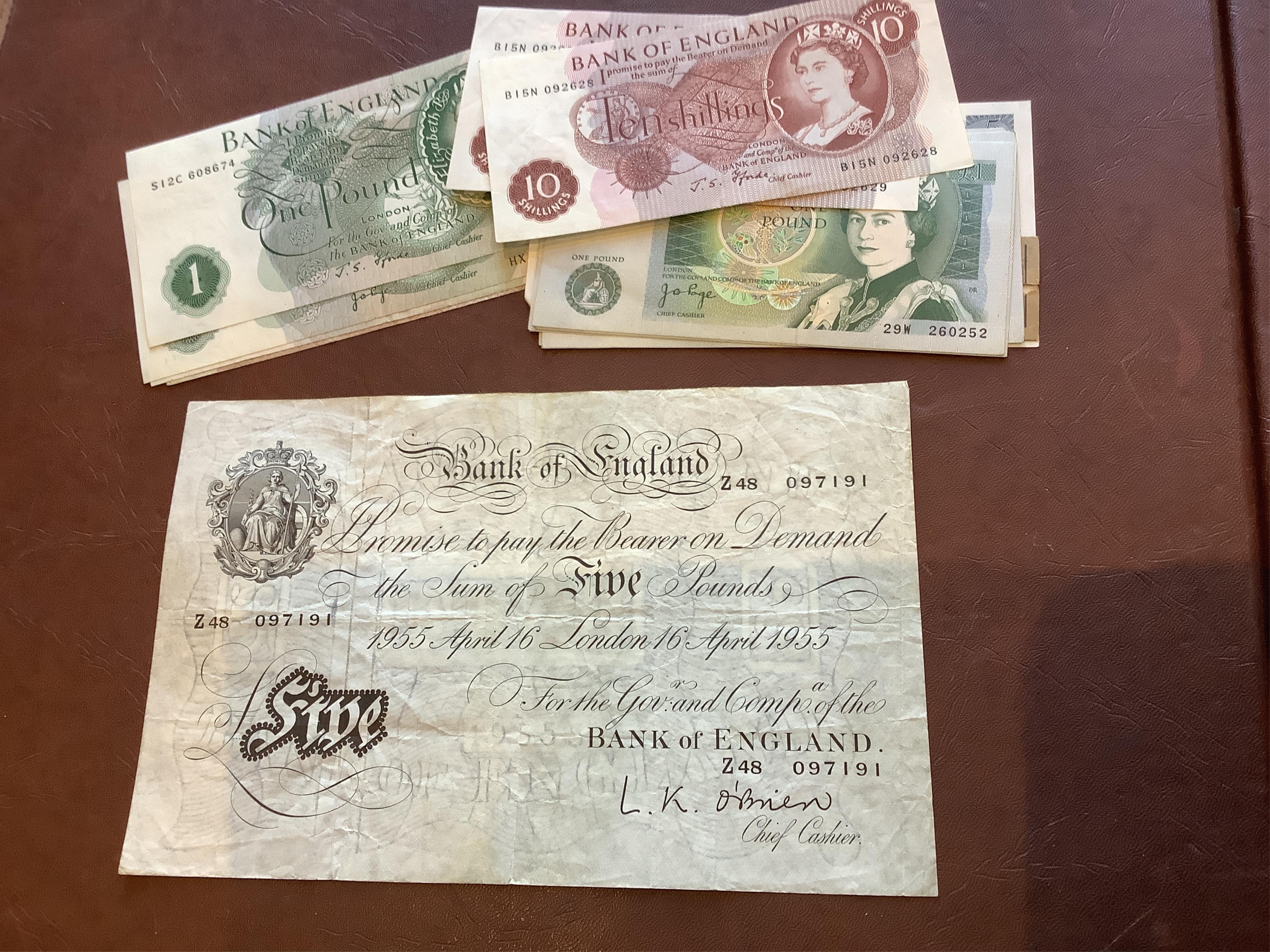 Bank of England, QEII, white £5 note, 1955, and other banknotes